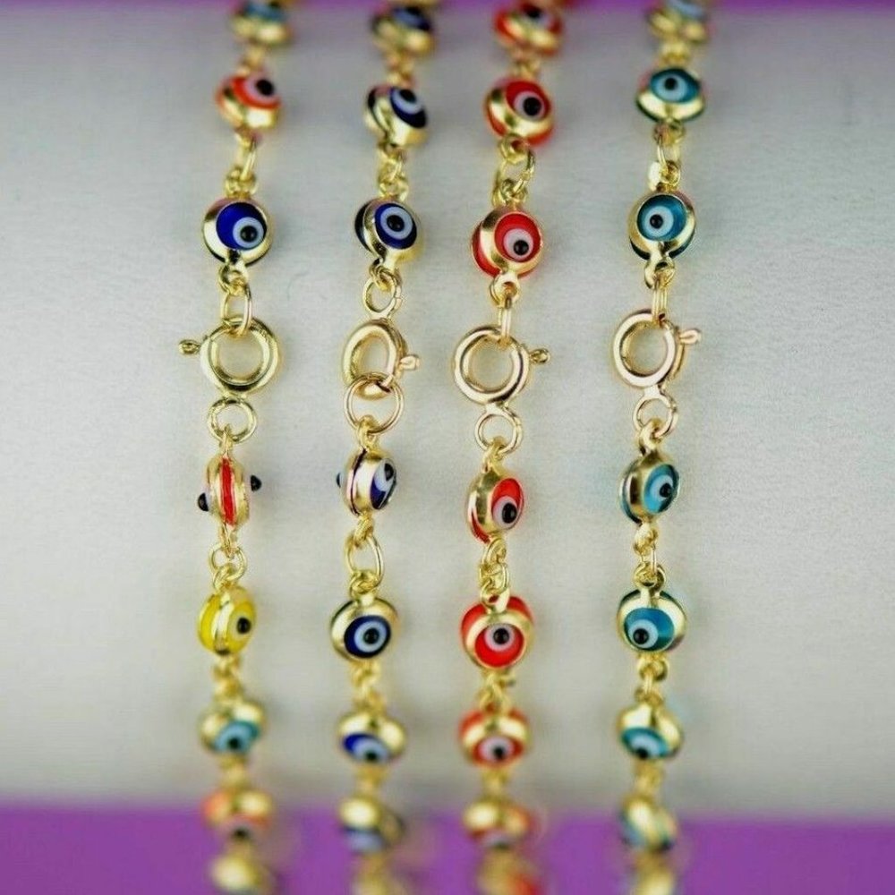 Solid 14k Yellow Gold Evil Eye 6" Bracelets - image 3